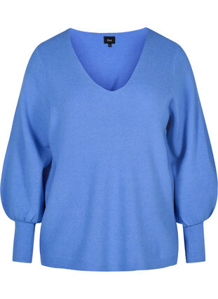Knitted blouse with v-neck and puff sleeves, Ultramarine Mel, Packshot image number 0