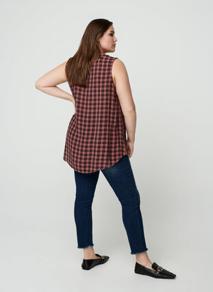 Checked viscose top with a V-neck, Rose Brown CHECK , Model image number 1