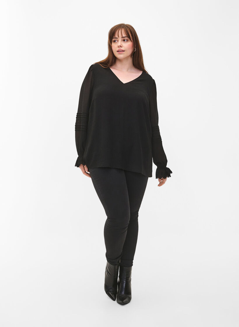 V-neck blouse with ruffle sleeves, Black, Model image number 3