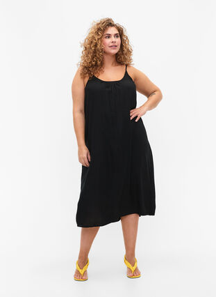 Sleeveless midi dress in viscose, Black, Model image number 0