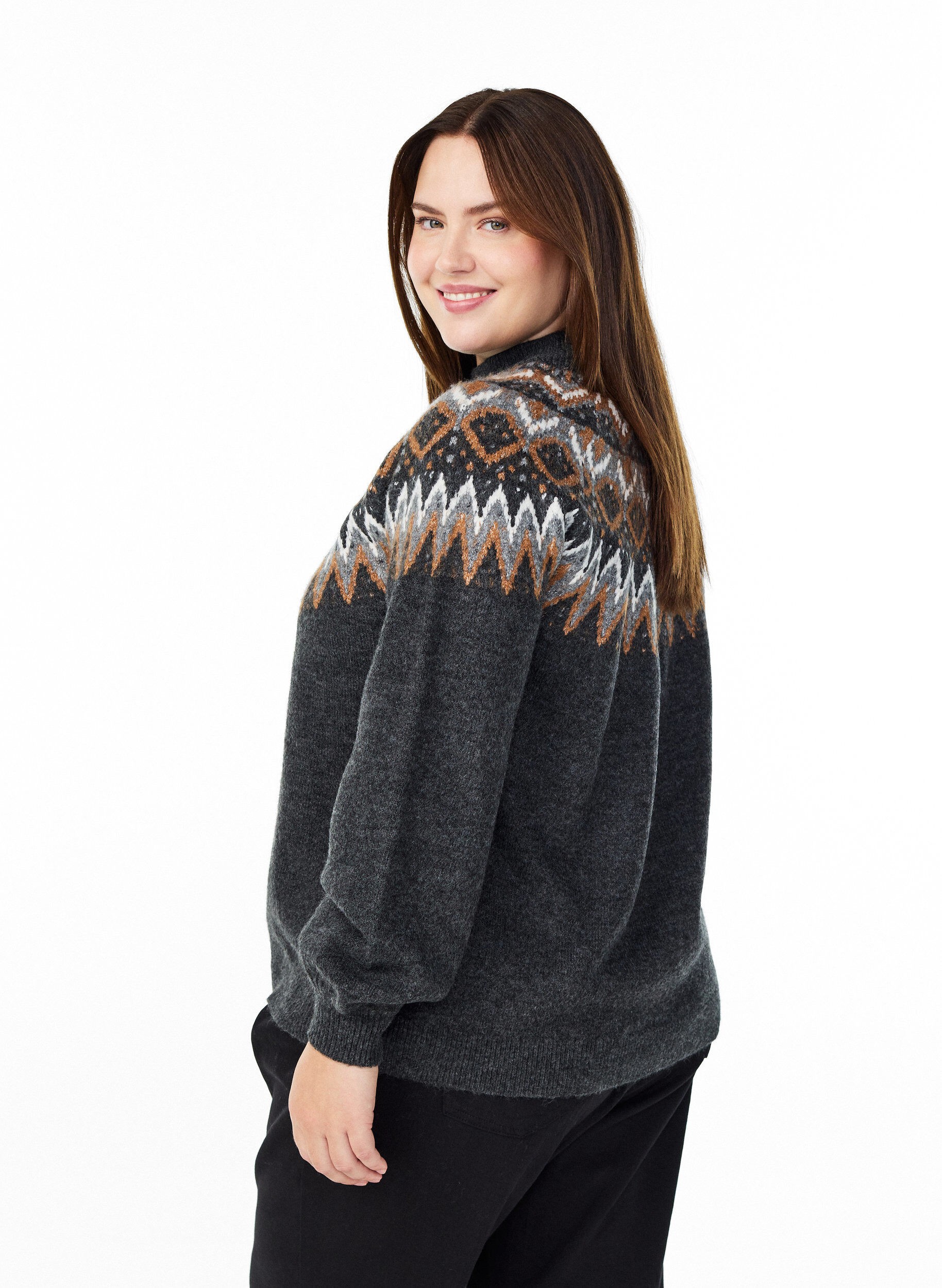 Zizzifashion Knit blouse with pattern and high neck, Dark Grey, Model image number 2