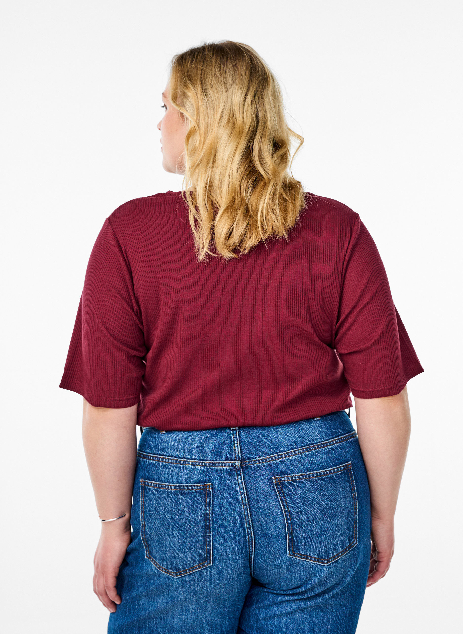 ZizzifashionRibbed jersey blouse with short sleeves, Dark Bordeaux, Model image number 2