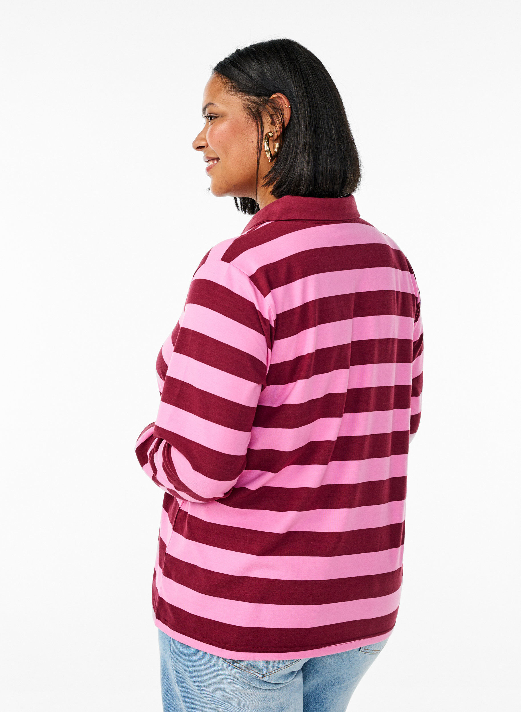Zizzifashion Long-sleeved polo shirt with stripes, Dark Bordeaux, Model image number 2