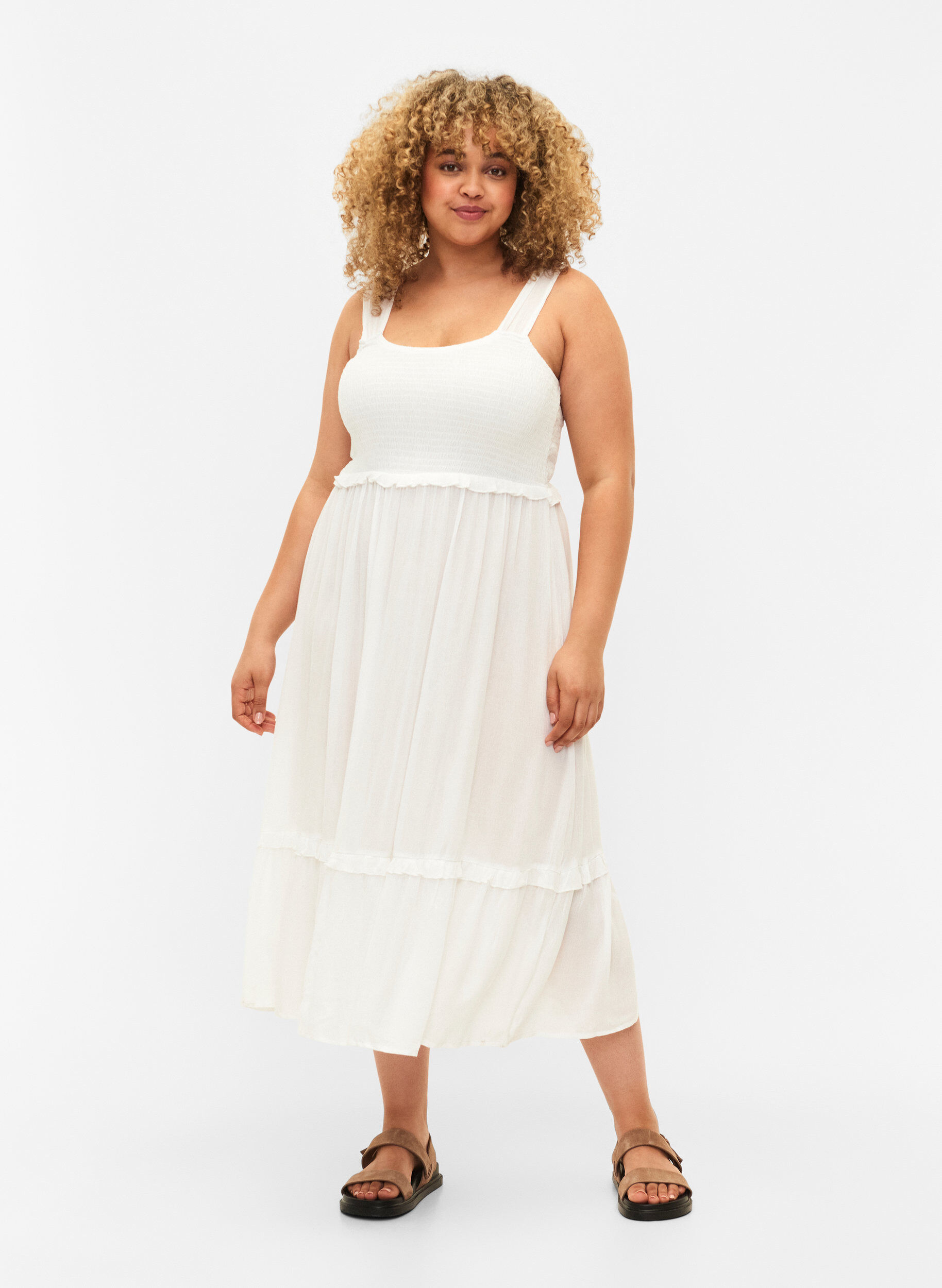 Zizzifashion Viscose midi dress with smock, Bright White, Model image number 0