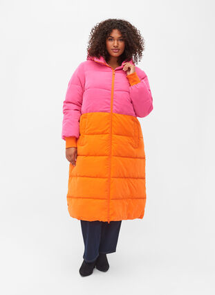 Long winter jacket with colour block, Pink W/Orange, Model image number 0