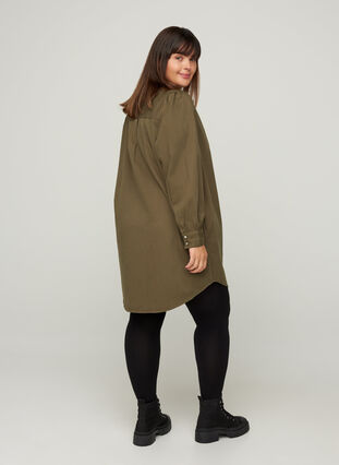 Long cotton shirt with puff sleeves, Ivy Green, Model image number 1