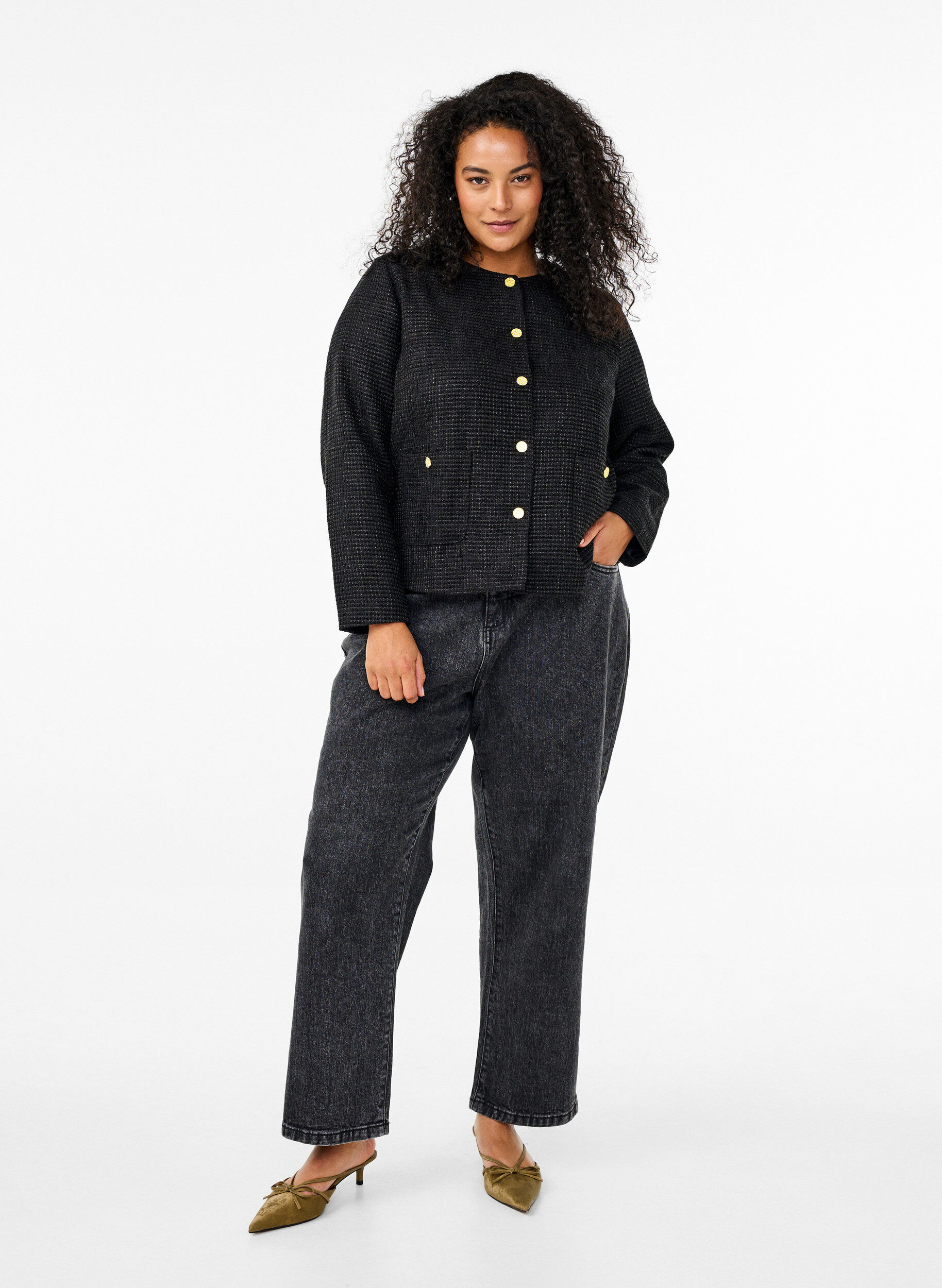 Zizzifashion Boucle jacket with pockets and decorative buttons, Black, Model image number 2