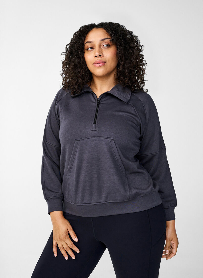 Sporty sweatshirt with high neck and zip, Asphalt, Model image number 0