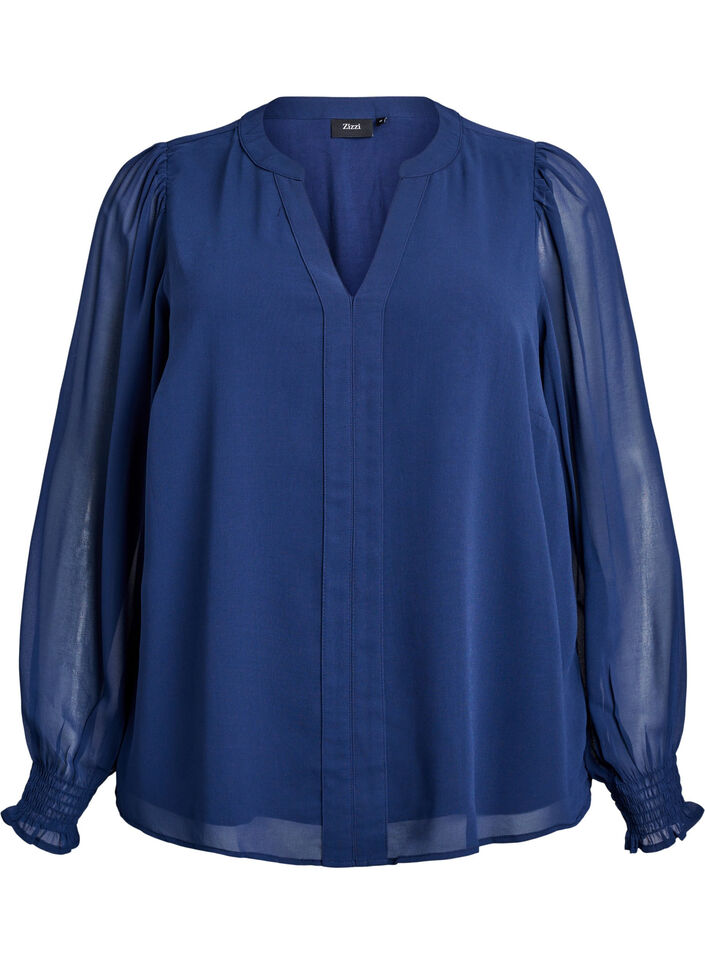 Blouse with sheer sleeves and smocking, Blue, Packshot image number 0