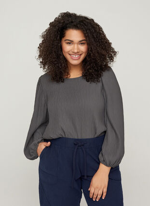 Textured blouse with puff sleeves, Asphalt, Model image number 0