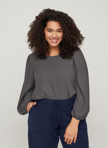 Textured blouse with puff sleeves, Asphalt, Model image number 0