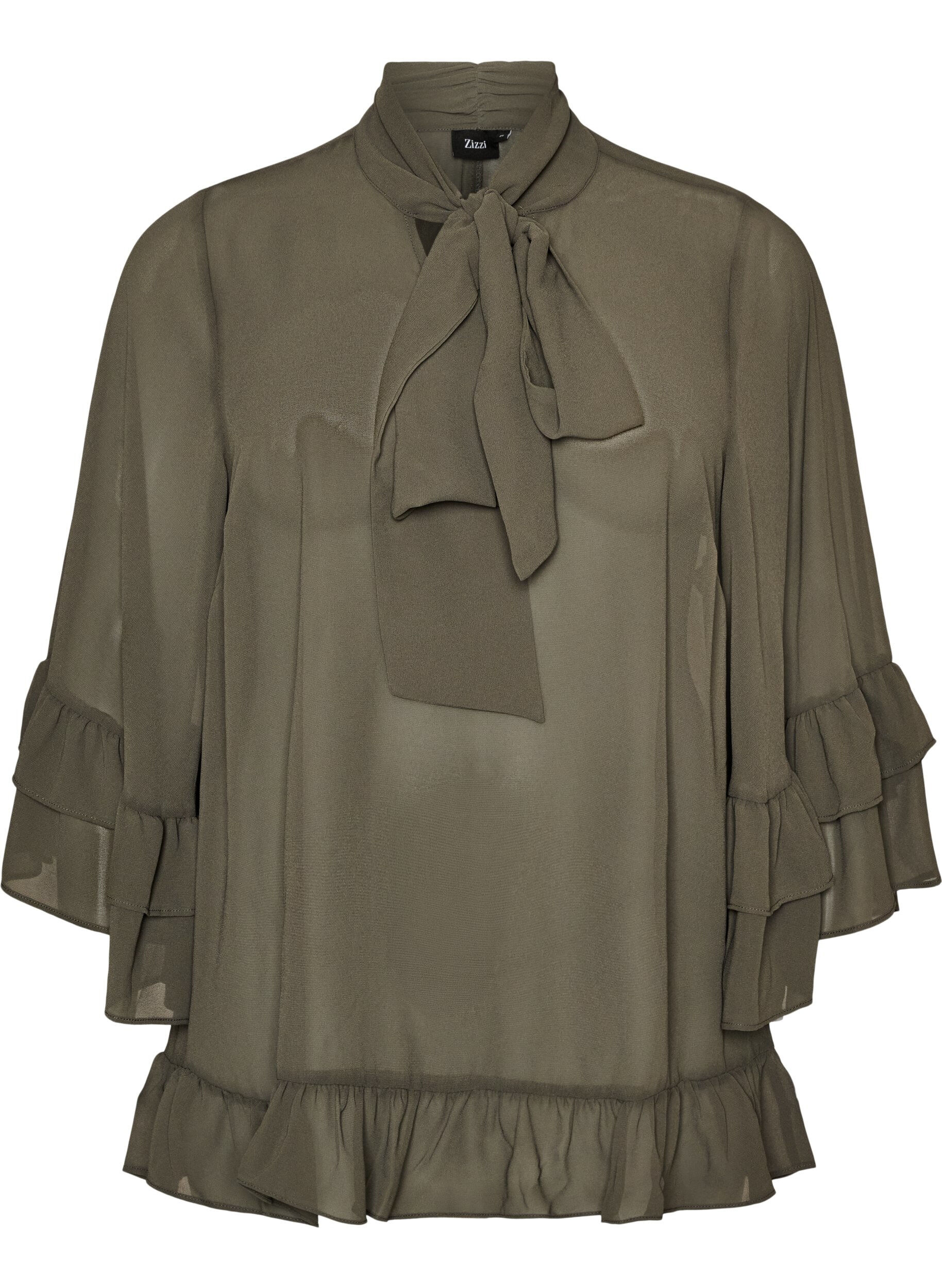 Blouse with ribbon tie and ruffle details