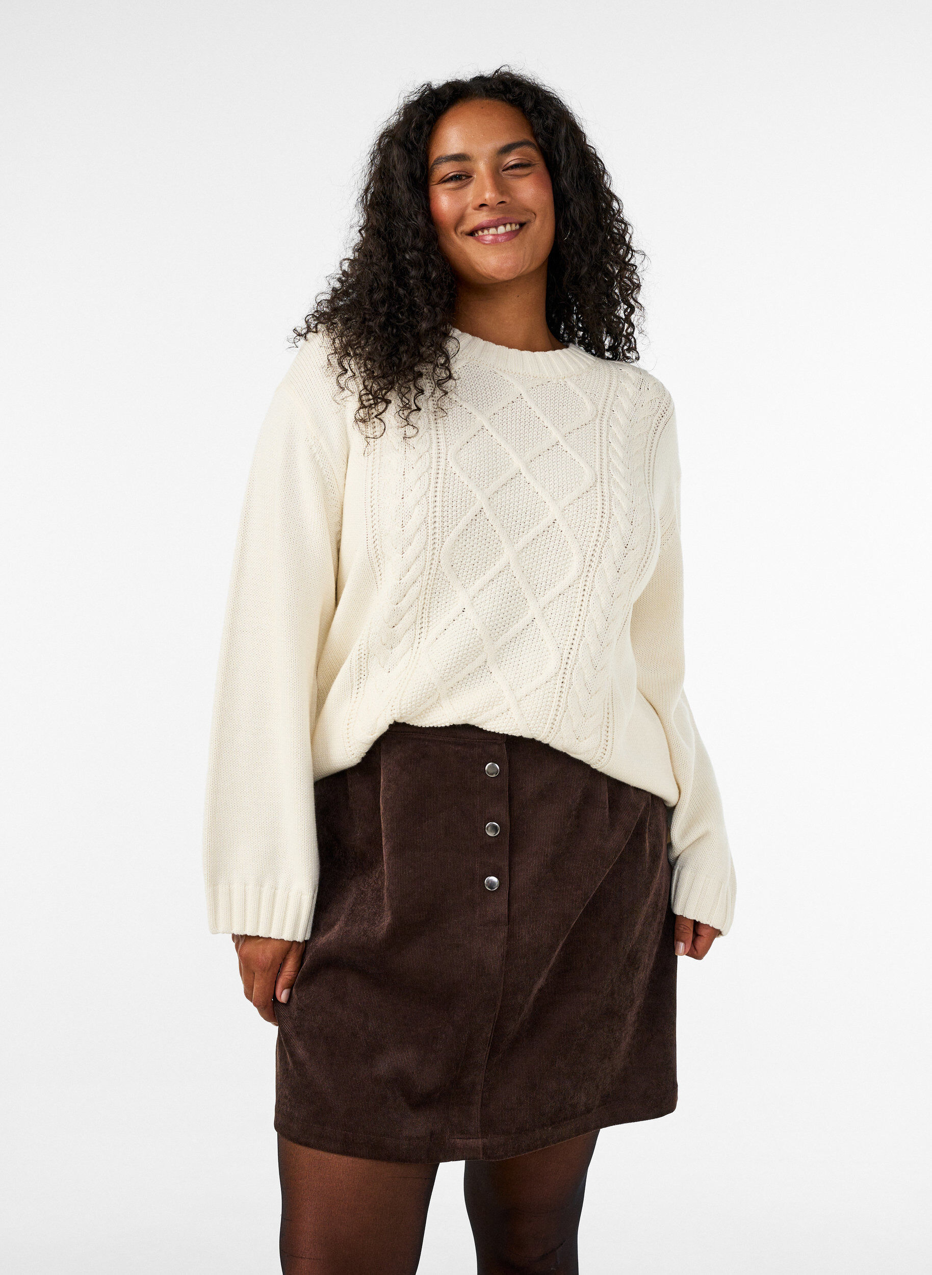 ZizzifashionShort corduroy skirt with press studs, Brown, Model image number 3