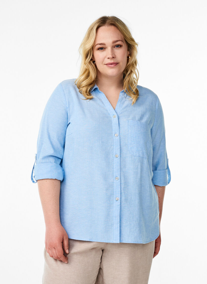 Shirt in linen and viscose with 3/4 sleeves, Blue, Model image number 0