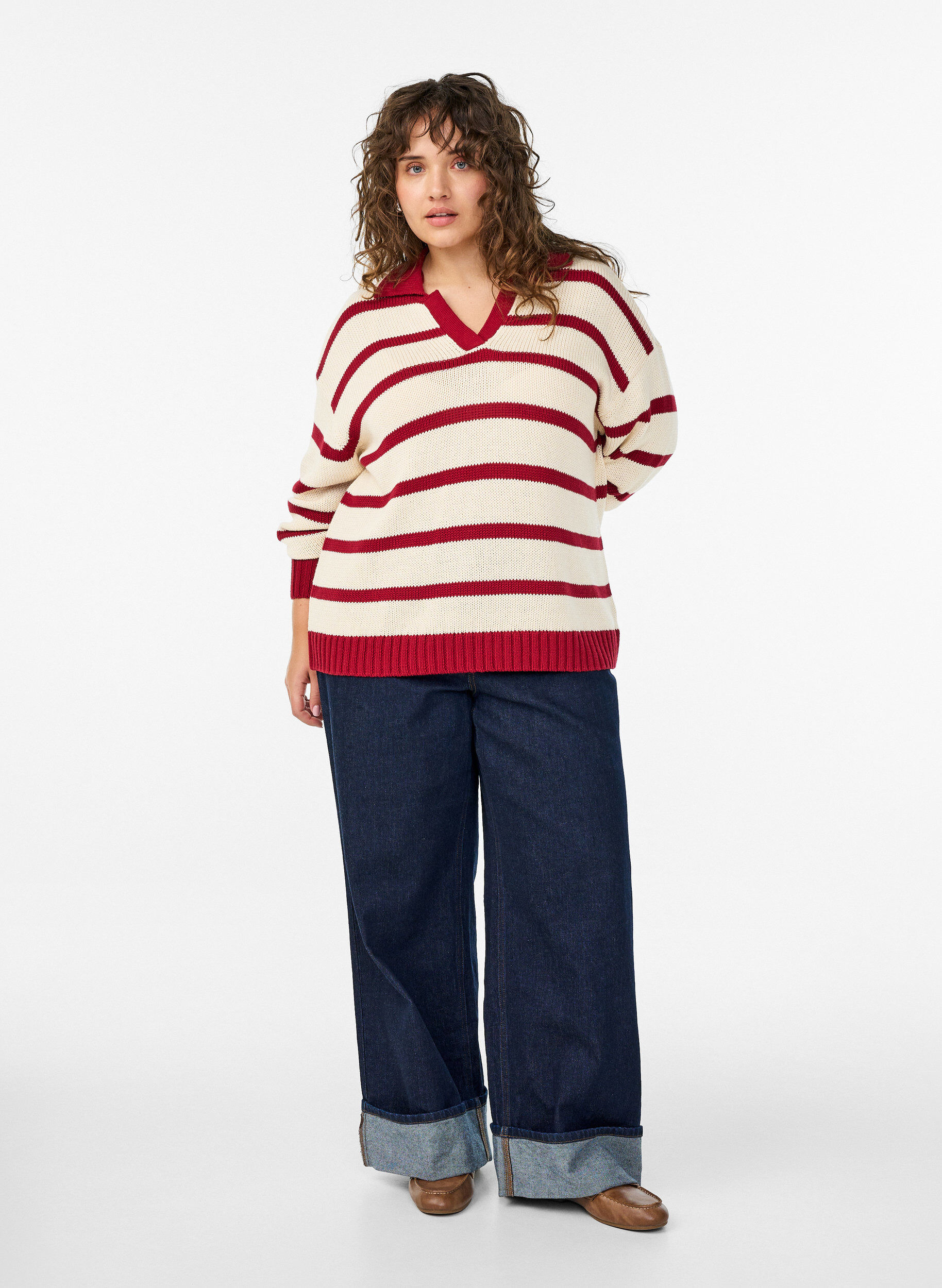 Zizzifashion Striped knit blouse with a polo collar, Vanilla, Model image number 1
