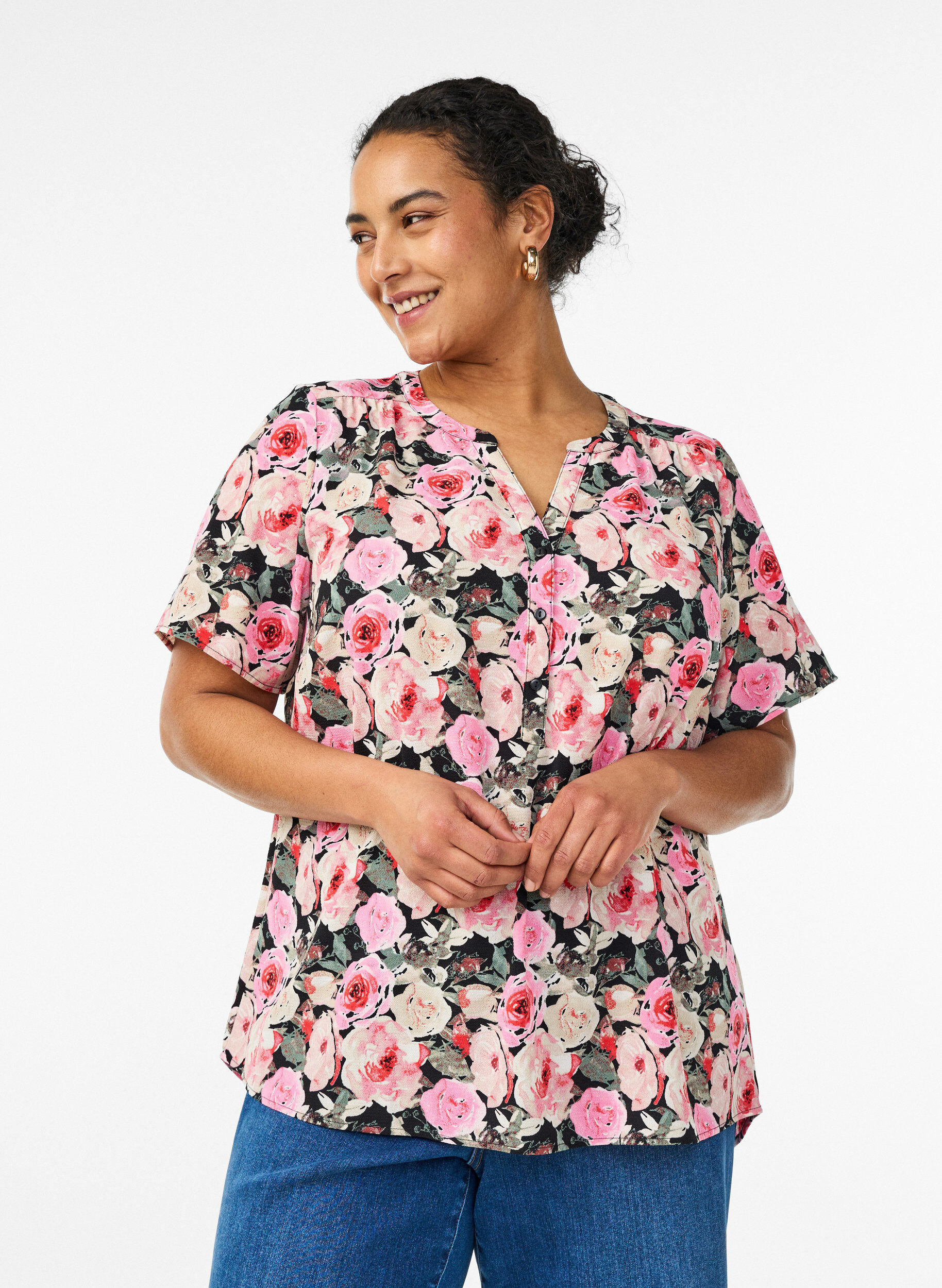 Zizzifashion Blouse with short sleeves and v-neck, Rose, Model image number 0