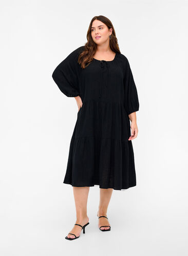 Cotton dress with 3/4 sleeves and tie detail, Black, Model image number 0