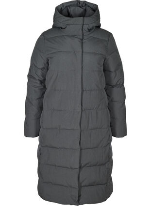 Long, hooded puffer winter jacket, Dark Grey Melange, Packshot image number 0