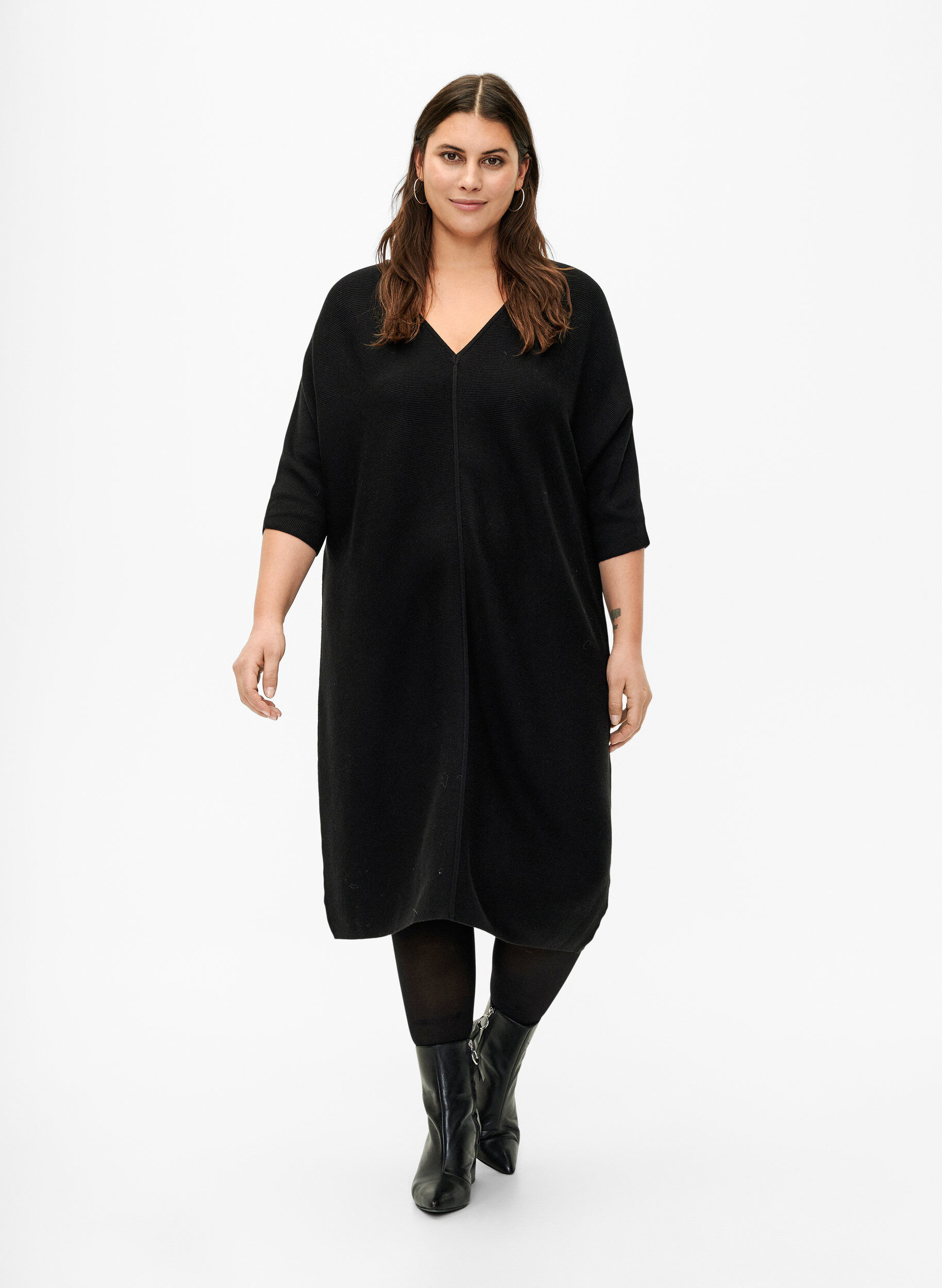 Zizzifashion Ribbed dress with 3/4 sleeves, Black, Model image number 2
