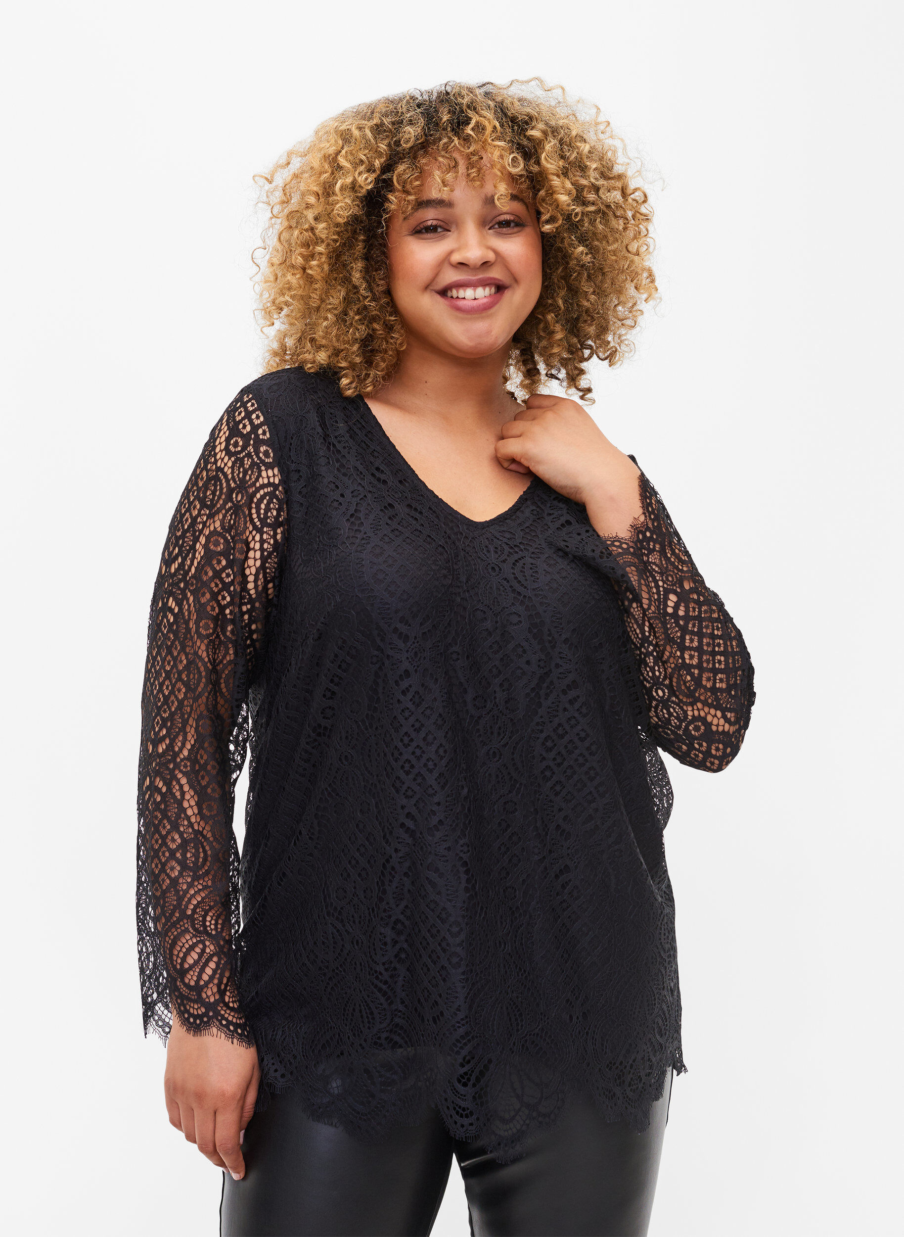Zizzifashion Long-sleeved lace blouse with v-neck, Black, Model image number 0