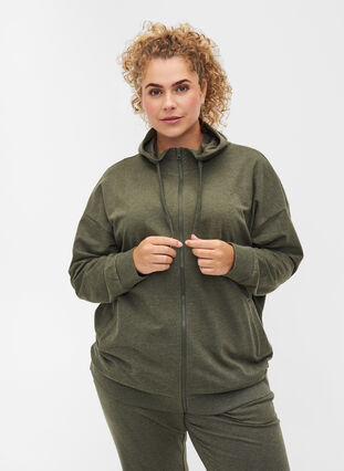 Sweater cardigan with a zip and hood, Forest Night, Model image number 0