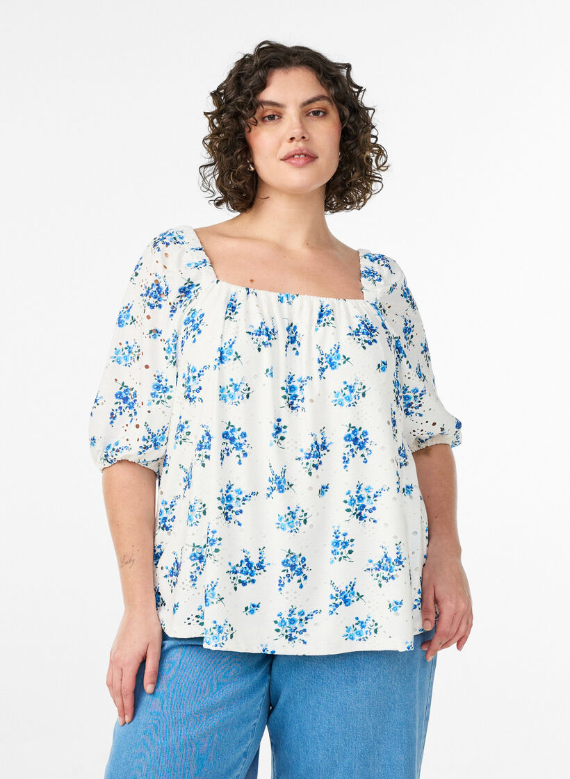 Floral blouse with a square neckline and eyelet embroidery, White, Model image number 0