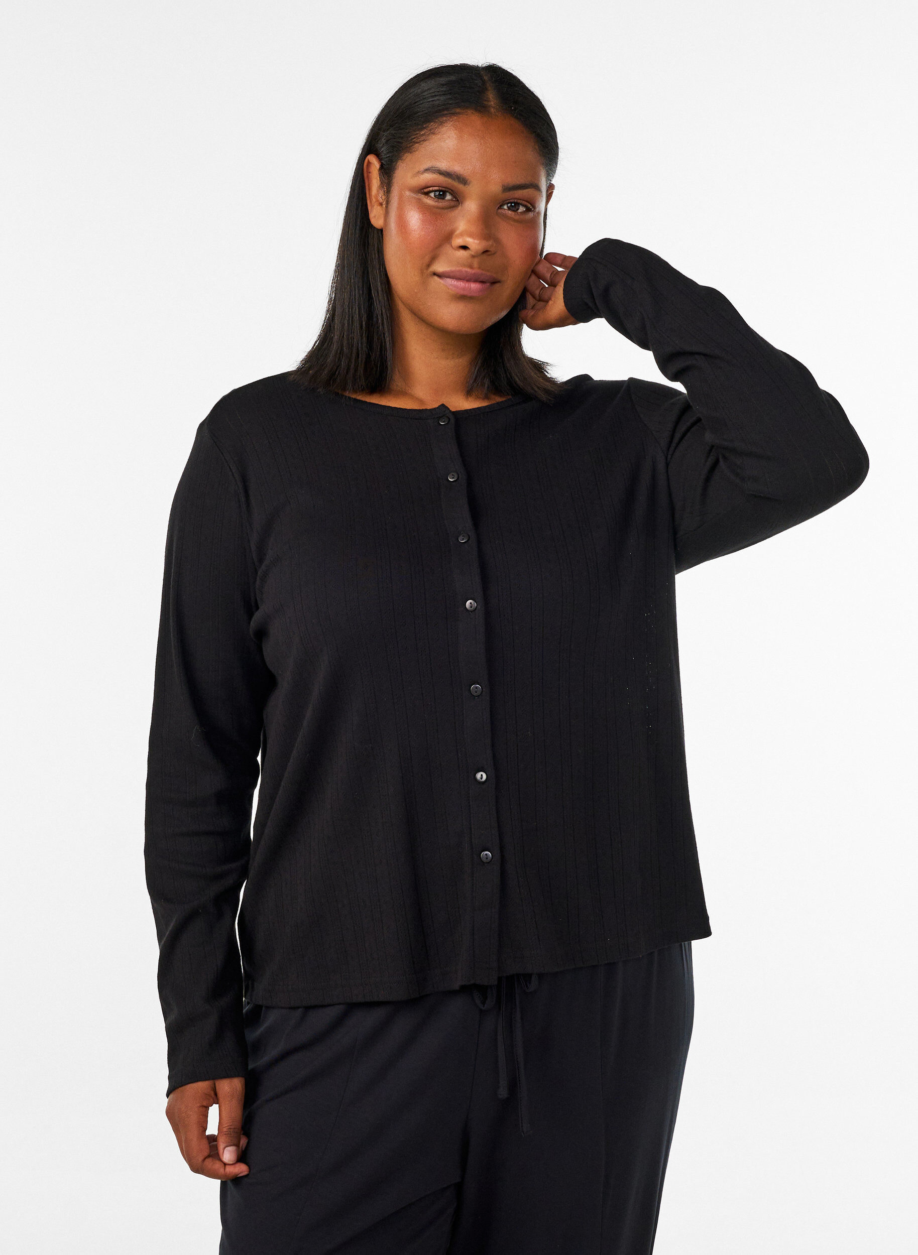 Cardigan in organic cotton with eyelet embroidery, Black, Model