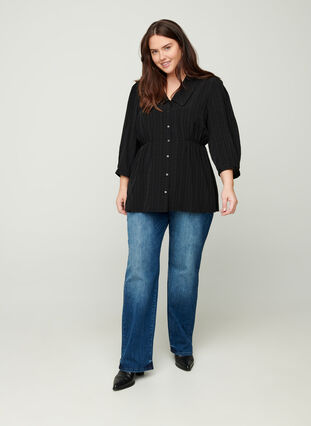 Shirt with 3/4 length puff sleeves and a collar, Black, Model image number 2