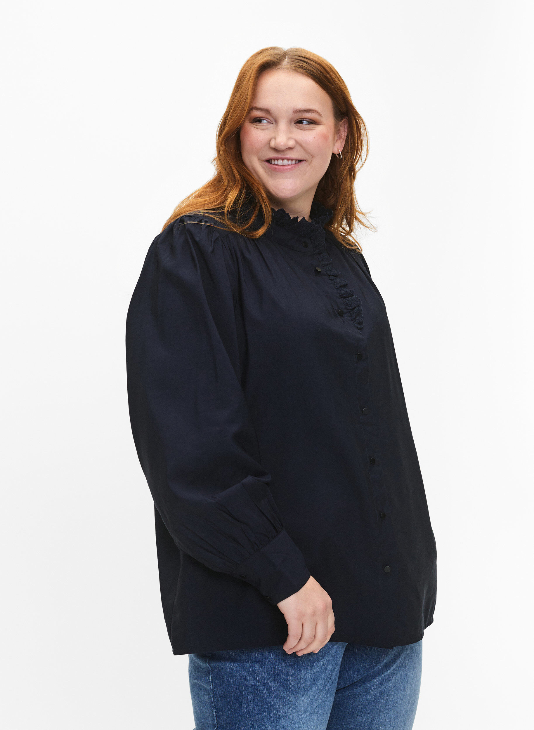 Zizzifashion Viscose shirt blouse with ruffles, Sky Captain, Model image number 0