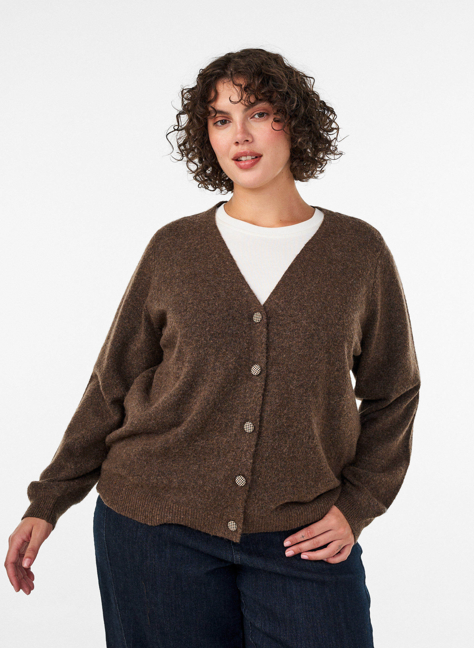 Cardigan with decorative buttons and V-neck, Brown, Model