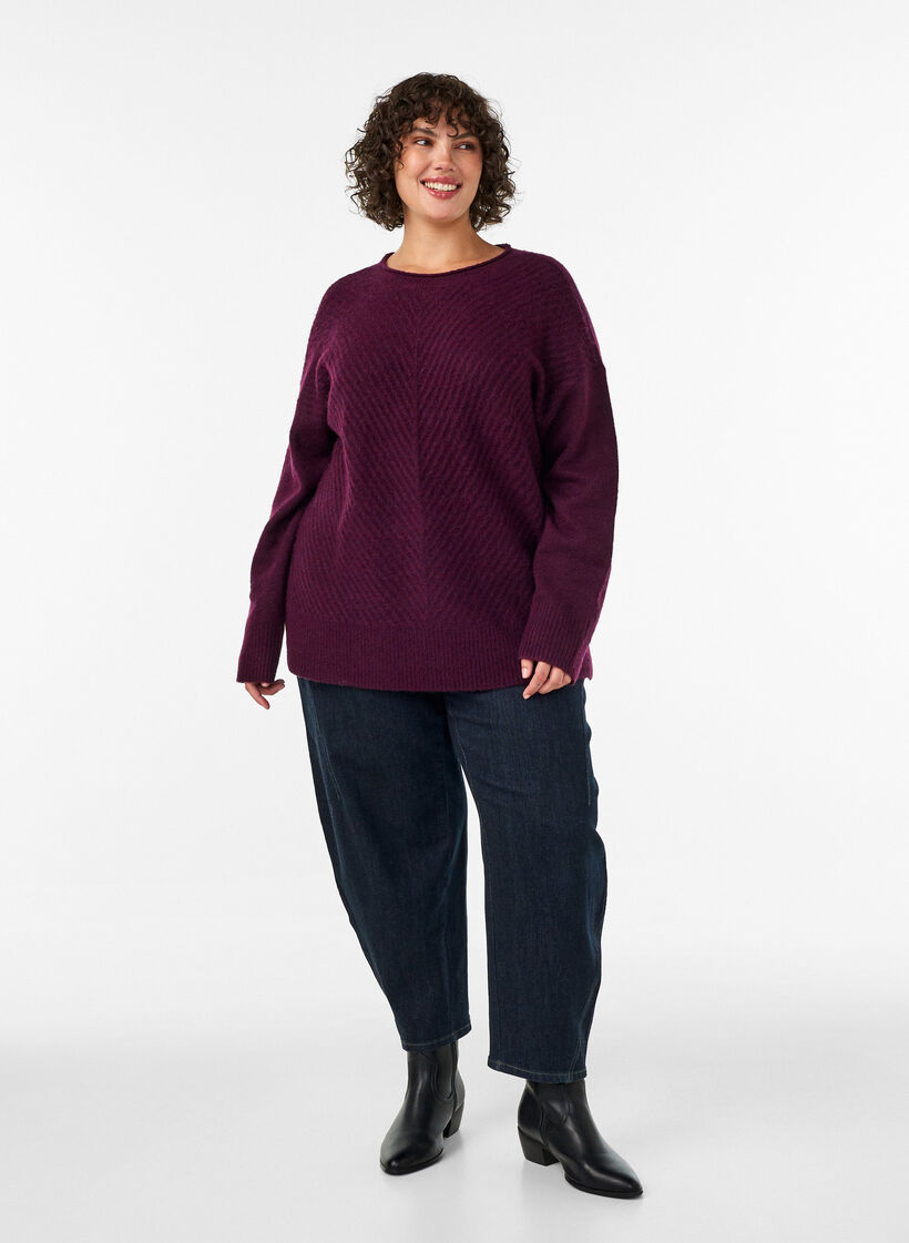 Knitted blouse with V-shaped rib pattern and slits, Red, Model image number 1