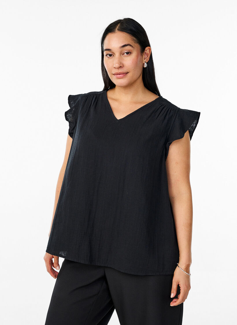 Sleeveless top in cotton muslin with ruffles, Black, Model image number 0