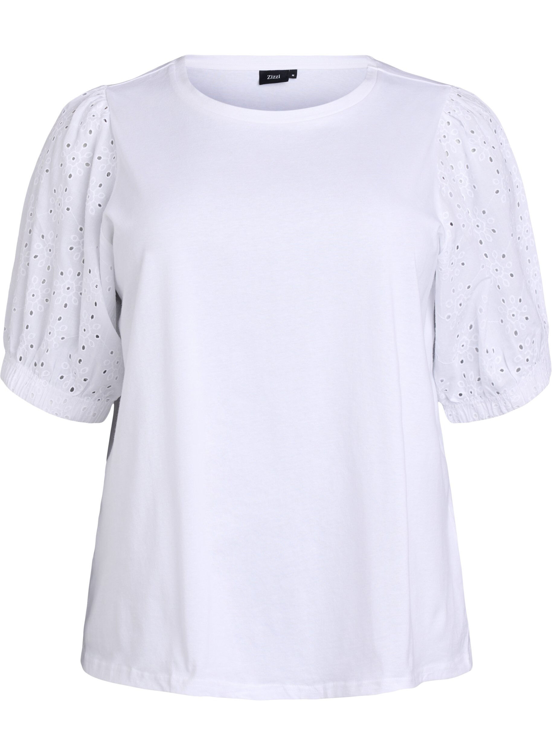Zizzifashion T-shirt with Broderie Anglaise sleeves, White, Packshot image number 0