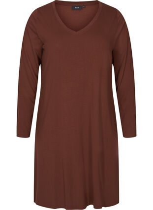 Solid colour long-sleeved dress with V-neck, Rocky Road, Packshot image number 0