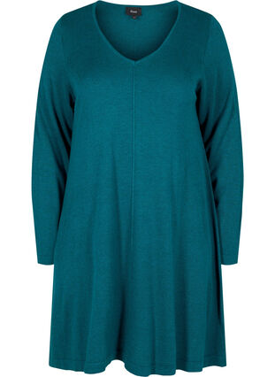 Plain V-neck knitted dress, Reflecting Pond, Packshot image number 0