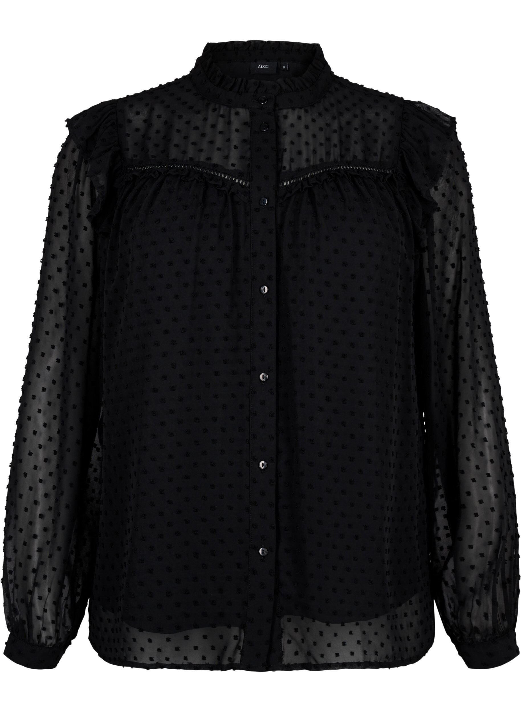 Zizzifashion Shirt blouse with ruffles and dotted texture, Black, Packshot image number 0