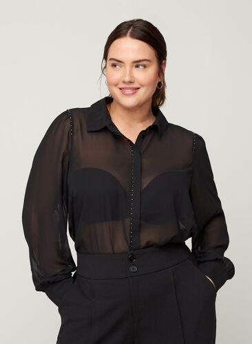 Long-sleeved shirt with studs, Black, Model image number 0