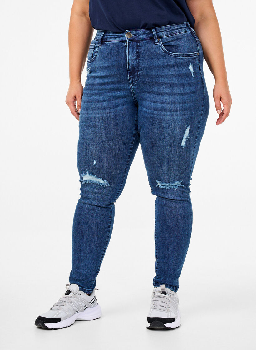 Super slim Amy jeans with wear details, Blue Denim, Model image number 2