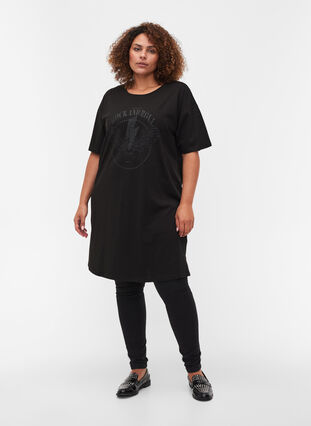 T-shirt dress in cotton with print details, Black w. Black, Model image number 2