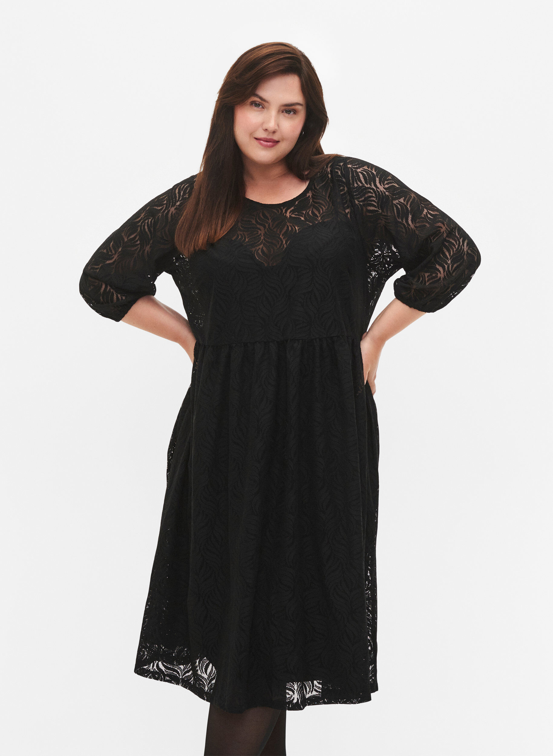 Zizzifashion Lace dress with 3/4 sleeves, Black, Model image number 0
