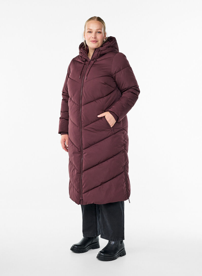 Long puffer coat with hood and pockets, Dark Bordeaux, Model image number 0