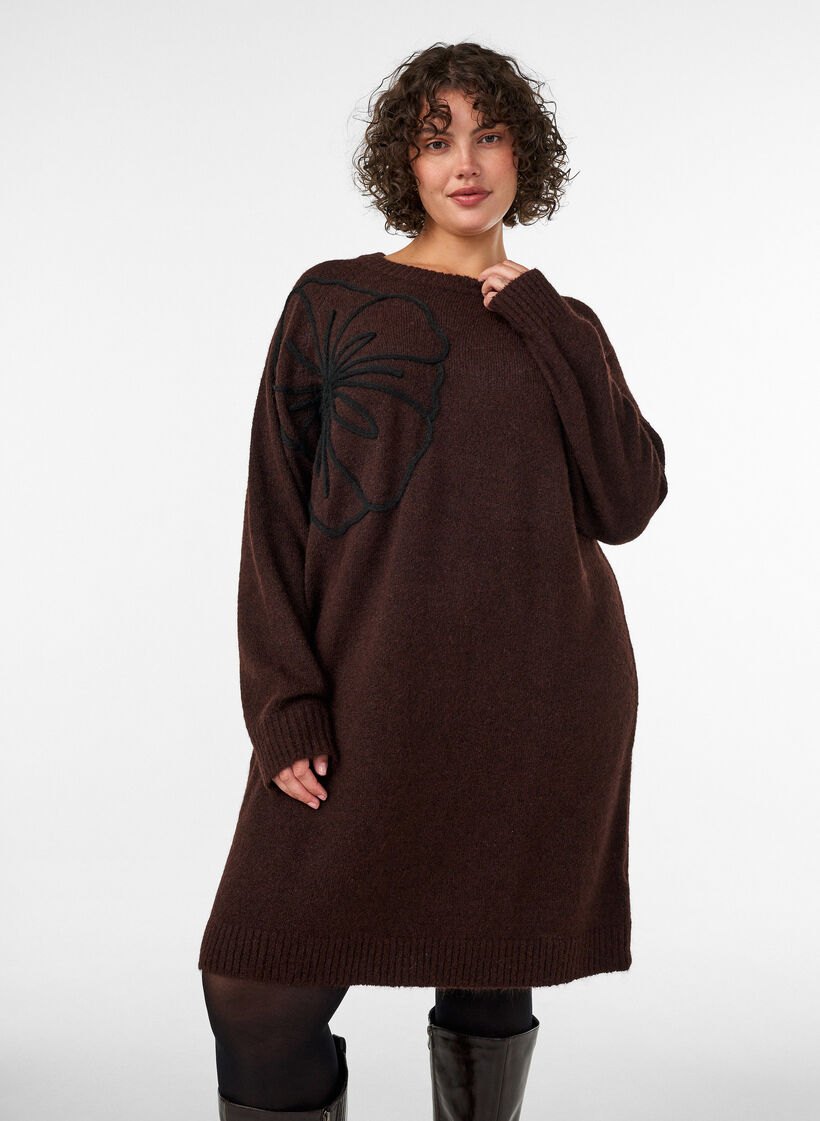 Jumper dress with large flower appliqu&eacute;, Brown, Model image number 0