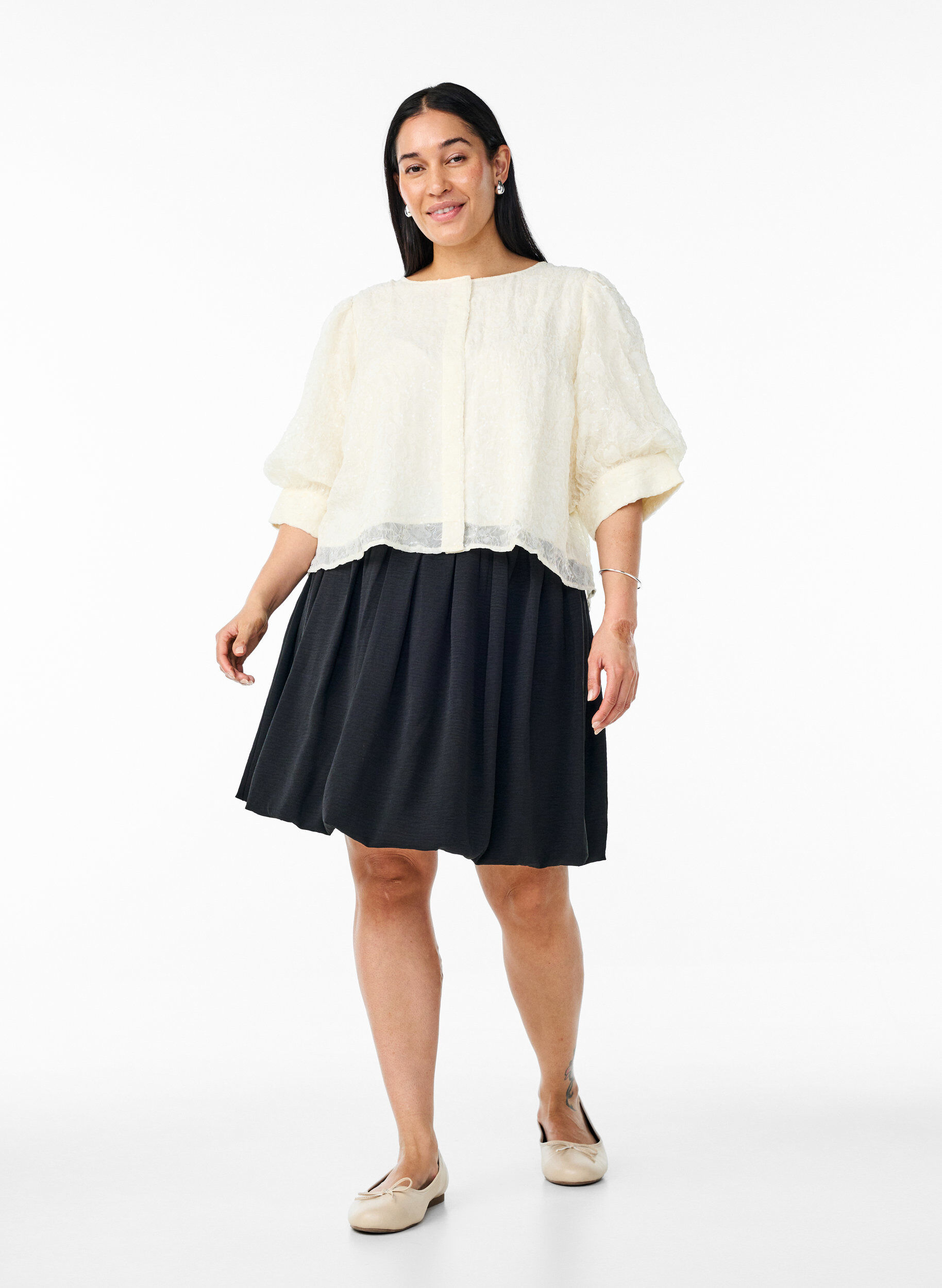 Zizzifashion Party blouse with sequins and 1/2 sleeves, Vanilla, Model image number 1