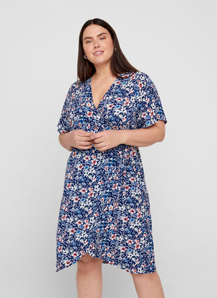 Short-sleeved wrap dress, Blue Flower AOP, Model image number 0