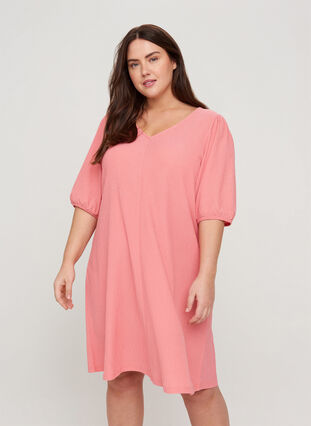 Dress with puff sleeves and V-neck, Tea Rose , Model image number 0