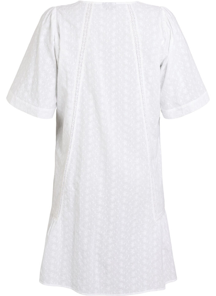 Knee-length cotton dress with embroidery and a V-neck, White, Packshot image number 1