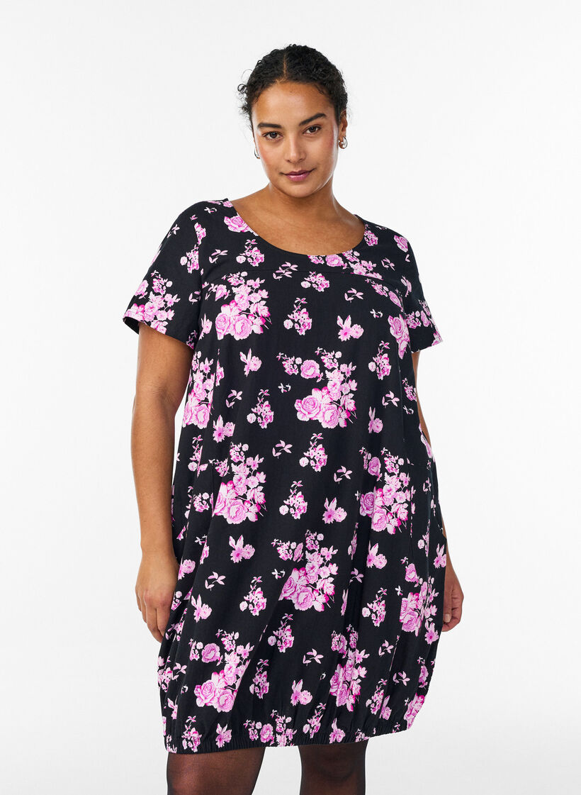 Short-sleeved cotton dress with print, Black, Model image number 0