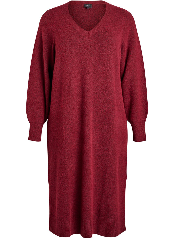 Long-sleeved knit dress with V-neck, Red, Packshot image number 0