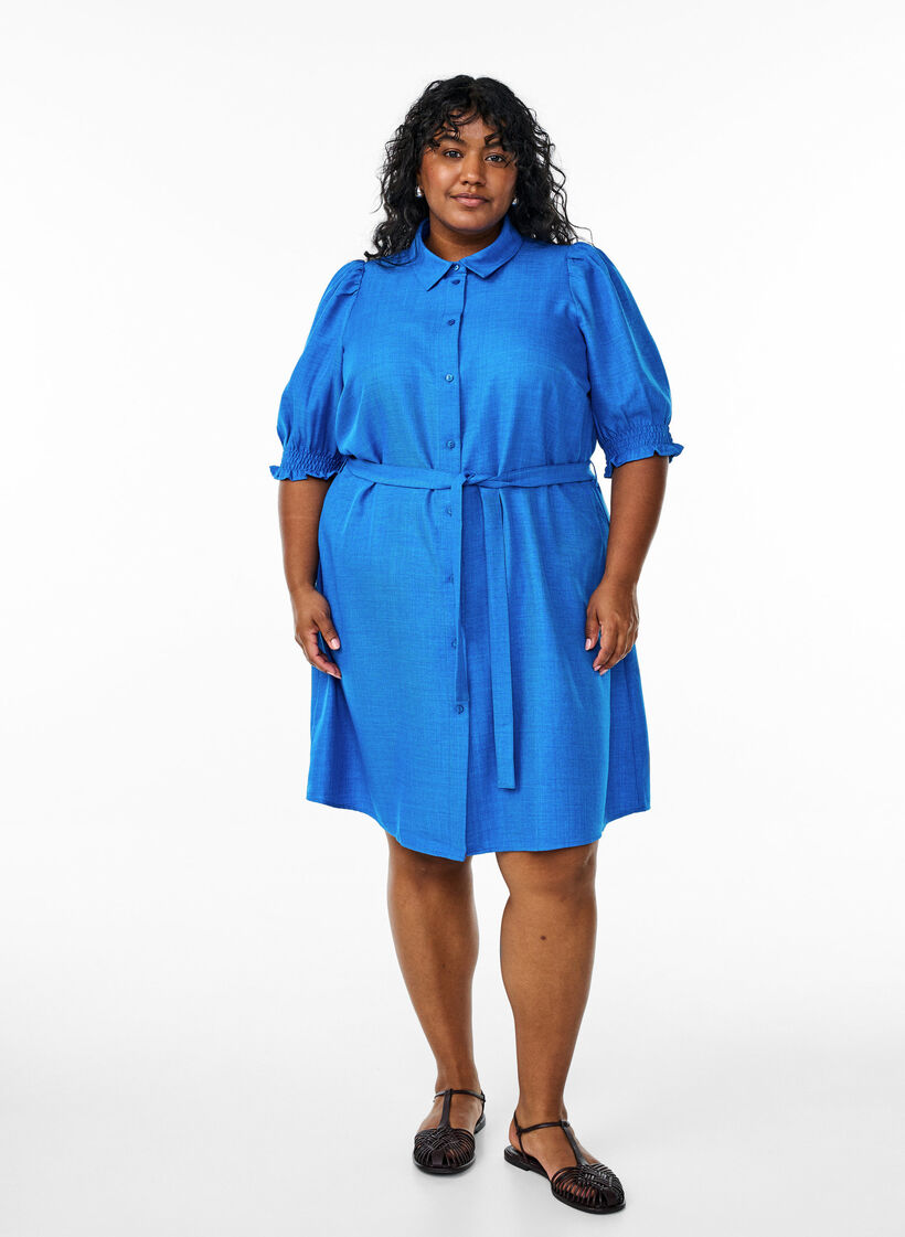 Knee-length shirt dress with tie belt, Blue, Model image number 0