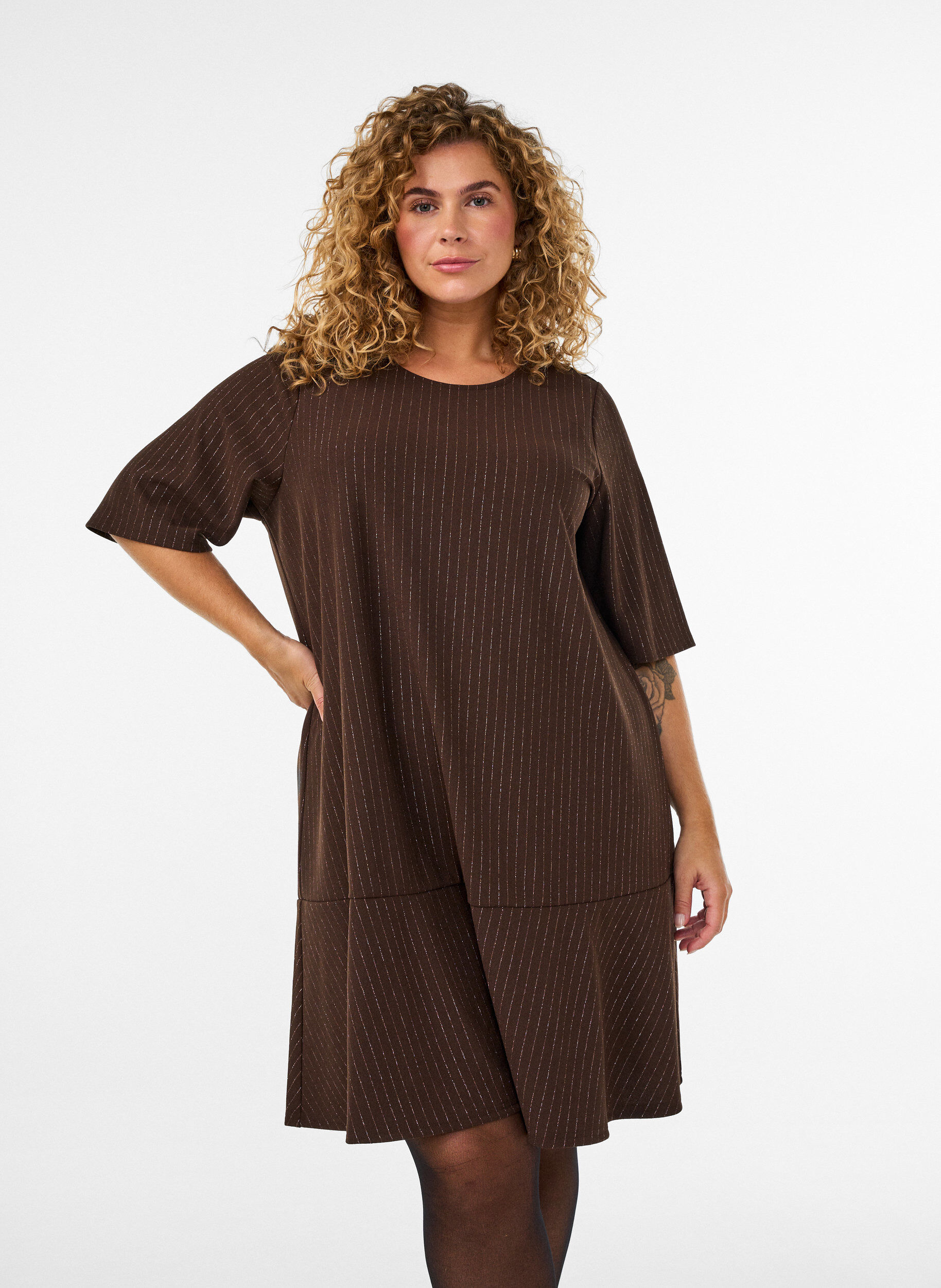 ZizzifashionShort A-line dress with glitter stripes, Brown, Model image number 0